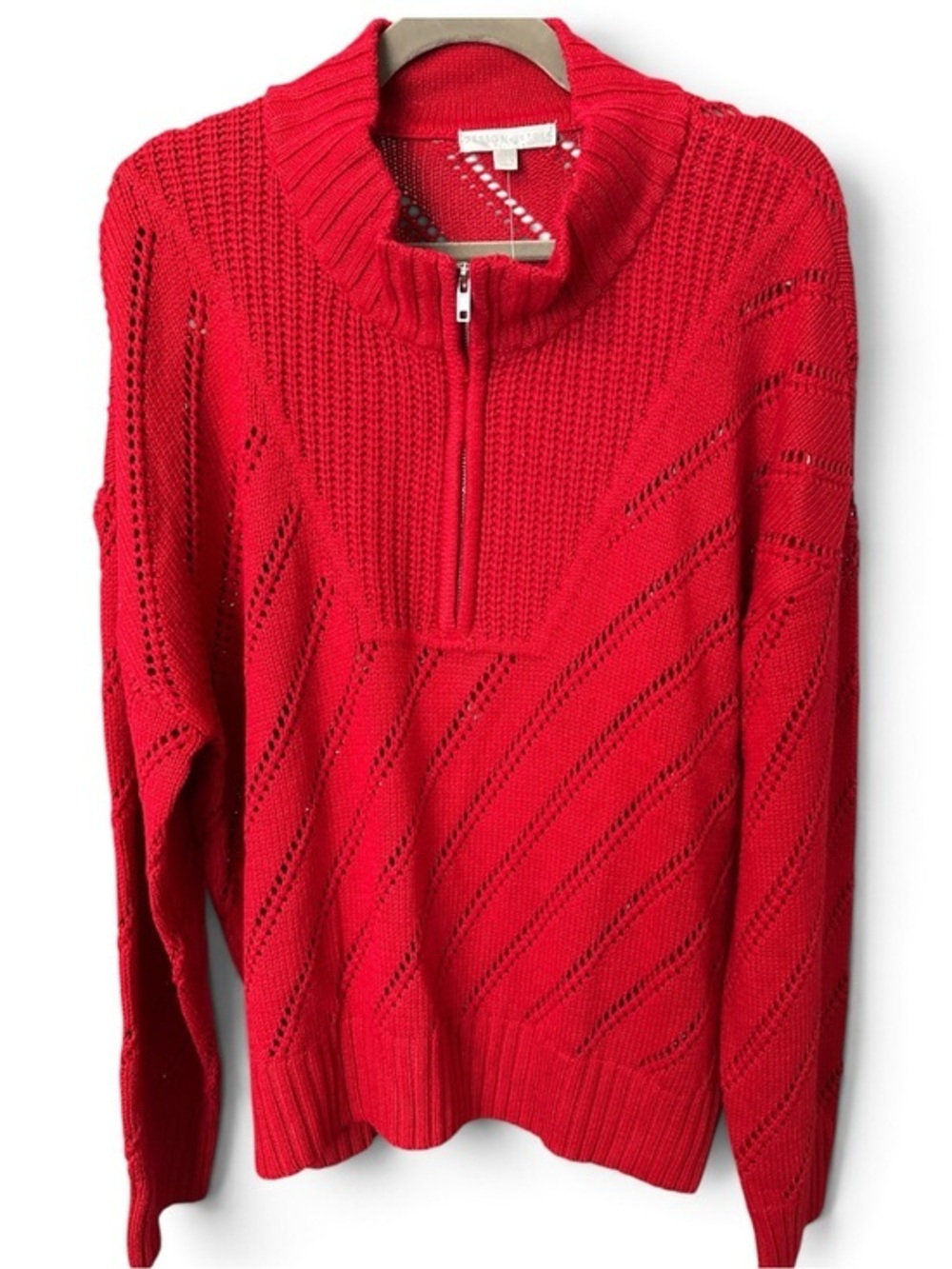 NWT Design History Red Open Knit Quarter Zip Sweater XL